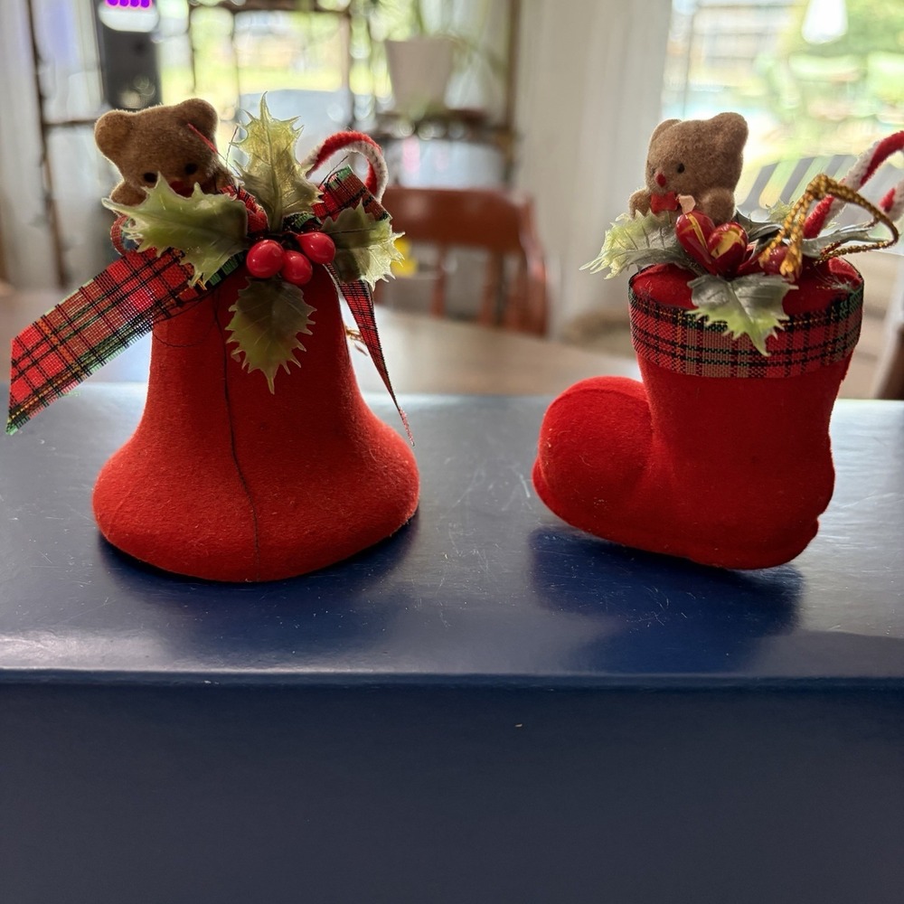Vintage Flocked Christmas Tree Ornaments Set Of 2 Teddy Bear Bell & Boot